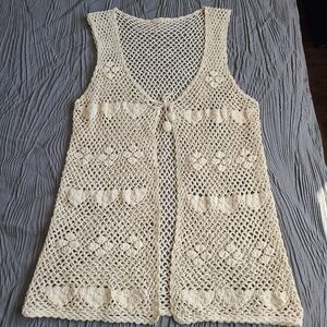 Natural Beige Fairycore Sleeveless Hand made Neutral Crochet Cardigan Size M
